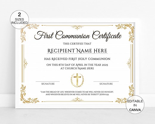 First Communion Certificate Template, Editable First Holy Communion Certificate, Printable Religious Certificate Canva Template. TDS-10 - Etsy
