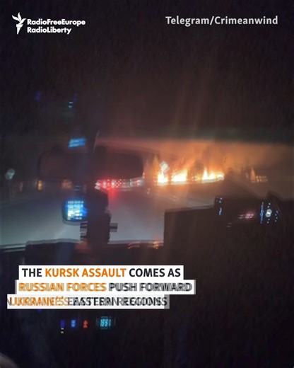 Scenes of destruction in Russia's Kursk region continue to be shared online following a surprise cross-border incursion. Residents of the region shared videos that appear to show dead Russian soldiers among destroyed military vehicles scattered along a local road. Russian leaders say Ukrainian forces attacked the Kursk region, while Ukrainian officials have made few direct statements about the violence, which started on August 6. | Radio Free Europe/Radio Liberty