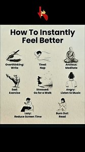 How to instantly feel better — no motivation, no pressure, just simple steps 🤍 Some days you’re not lazy. You’re not weak. You’re not broken. You’re just overwhelmed. When your mind feels heavy, try this: ✍️ Overthinking? Write everything down. Your thoughts lose power when they leave your head. 😴 Tired? Take a nap. Rest is productive. 🧘‍♀️ Anxious? Sit still and breathe. Even 2 minutes of meditation helps. 🏃‍♂️ Sad? Move your body. Exercise releases emotions you can’t explain. 🚶‍♀️ Stresse