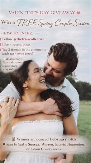 Gabrielle + Jeremy Frias on Instagram: "Love stories like this are why we do what we do 🤍 This Valentine’s Day, we’re giving away ONE FREE Spring Couples Photo Session 🌸 Perfect for engagements, anniversaries, or couples who want some updated photos for the new year! HERE’S HOW TO WIN YOUR FREE PHOTOSHOOT: 1️⃣ Follow @thefriascollective 2️⃣ Like 4 of our recent posts 3️⃣ Tag 2 friends in the comments (each tag = 1 extra entry!) ✨ Bonus entry: Share this post to your story & tag us! 📅 Winner a