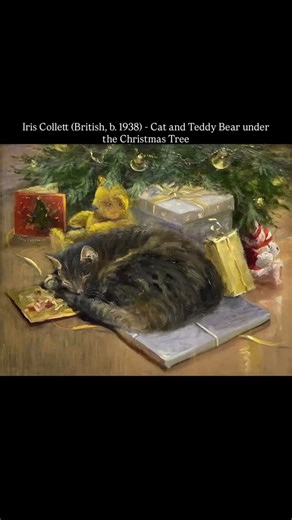Iris Collett (British, b. 1938) - Cat and Teddy Bear under the Christmas Tree #christmas #iriscollett #collett #iris #cat | Contemporary Art
