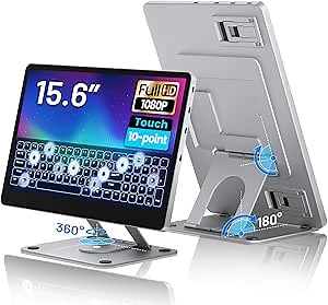 domyfan 15.6" Portable Monitor Touchscreen, FHD IPS Touch Screen Monitor with Built-in Touch Keyboard in 9 Languages, USB-C/HDMI Plug, 360° Rotatable Stand & Three Speakers, Ideal for Home and Office