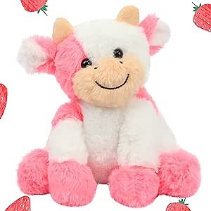 Hopearl Adorable Plush Cow Toy Floppy Dairy Cattle Soft Kawaii Stuffed Animal Cute Birthday Holiday Gift for Boys Girls Kids Toddlers, Strawberry Pink, 9''