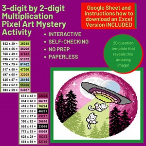 Mystery Digital Pixel Art NO PREP - UFO 3-digit by 2-digit Multiplication