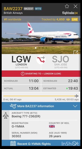 British 🇬🇧 airways diverted to London Gatwick airport BA2237 boeing 777-200(ER)