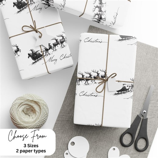 Merry Christmas Wrapping Paper, Santa Sleigh & Reindeer Gift Wrap, Vintage Black and White Holiday Paper, Elegant Christmas Gift Wrap Sheet - Etsy