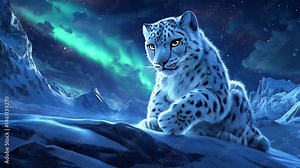 cartoon video of Majestic Snow Leopard A stunning snow leopard with piercing gold eyes traverses snowy peaks and frozen valleys