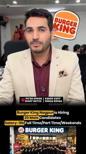 Vishal Jogiya on Instagram: "👉*Burger King Nagpur* is Hiring *20 Male* Candidates *Salary: 18k* Job Details Role : Team Member Job Type : Full Time / Part Time / Week Enders Location : Nagpur IT park Qualification : Minimum 10th Pass Age : 18 to 30 Experience : Fresher & Experienced Salary : 18000/- CTC (Including PF, ESI and Stat Bonus) Benefits : PF, ESI (ESIC), Food/Meals, One time Meal Shift : Rotational for Male Required Documents : Aadhar Card, PAN Card, Bank Details, Marksheet and Photo