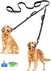 Heavy Duty Double Dog Leash - Adjustable, No Tangle, Bungee Retractable, Blue (5.5FT-1/2', Includes Dog Poop Bags)