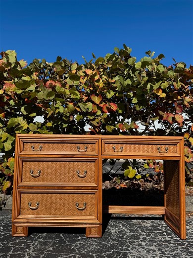Vintage Whitecraft Bamboo & Rattan Writing Desk With Glass Top | Coastal Boho Home Office Desk | Hollywood Regency Style - Etsy