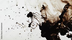 Sepia ink droplets splash across pristine white canvas, creating intricate patterns. High contrast accentuates texture and depth, revealing a dance of light and shadow in fluid forms.