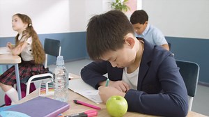 Free stock video - Boy sitting at desk and writing in notebook during english class at school