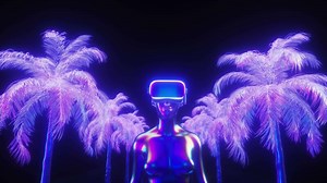 Female Character with VR Glasses Synthwave Loop Background