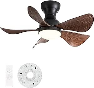 Small Ceiling Fan with Light, 29 inch, 5 Reversible ABS Blades, DC Motor, Remote Control, Black Walnut, Low Profile for Kitchen, Dining Room, Bedroom