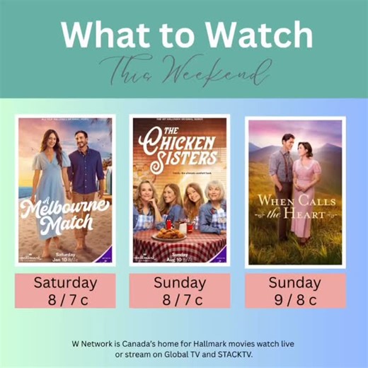 Michelle on Instagram: "Here’s what’s airing this weekend on the W Network ✨ Saturday night kicks off with A Melbourne Match at 8pm. Then on Sunday, settle in for a cozy double feature with The Chicken Sisters at 8pm, followed by When Calls the Heart at 9pm. Perfect picks for a relaxing weekend at home. @hallmarkchannel @w_network @mallory_jansen #hallmarkchannel #wnetwork #amelbournematch #viralreels #tranding 📸 Hallmark Media"