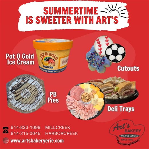 Savor the last bites of summer with Art’s Bakery! 🌅 Whether it’s one final picnic or a backyard send-off, we’ve got the fresh-made flavors to help you end the season on a high note. See you soon? 👉 Follow us for more sweet updates! Harborcreek (next to Advance Auto Parts) 4625 Buffalo Road Millcreek: 4380 West Ridge Road www.artsbakeryerie.com #SweetSummer #ArtsBakery #ShopLocal #EndOfSummerEats #FreshBakedFavorites #Harborcreek #Millcreek #EriePa #PepperoniBalls #ErieEats #FreshFromArts #Picn
