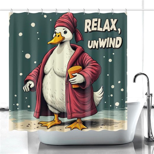 Duck Shower Curtain Cartoon Illustration Bathrobe Spa Animal Teal Pink Quirky Kids Washroom - Etsy