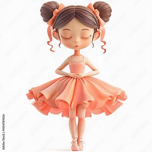 A charming cartoon ballerina in a pink dress dances with poise, displaying her skills in a vibrant and enchanting environment filled with delight.
