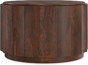 SIMPLIHOME Trenton Coffee Table - 32 inch Wide Solid Mango Wood Round Living Room Table in Walnut Brown, Contemporary Sculpted Drum Center Table for Family Room with Scalloped Edge, Assembled