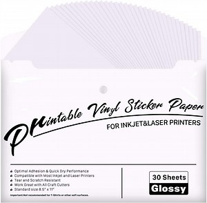 HTVRONT Printable Vinyl for Inkjet & Laser Printer - 30 Pack Printable Vinyl Sticker Paper Glossy White - Standard Letter Size 8.5"x11"