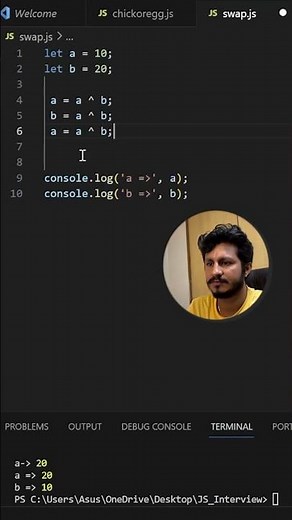 JS Intervirw question - 4 - XOR operations to swap two numbers #javascript #js