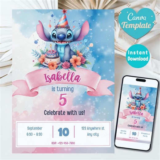 Stitch Birthday Invitation Design – Editable Party Invite in Canva (5x7 inches, Instant Digital File)