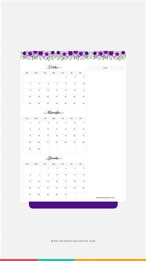 Printable Floral Elegance October November December 2026 Calendar | Free 3-Month Calendar