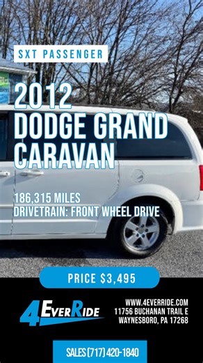 4 Ever Ride on Instagram: "2012 Dodge Grand Caravan — $3,495 Clean, reliable, and priced to move! Perfect family van with: • 3rd-row seating • Stow-’n-Go storage • Dual sliding doors • Runs and drives great Cash deal — first come, first served. See photos & contact us: https://www.4everride.com/ 4 Ever Ride • Waynesboro, PA #4EverRide #DodgeGrandCaravan #UsedVans #FamilyVan #WaynesboroPA #HagerstownMD #ChambersburgPA #AffordableCars #CashCars #CheapCars #PreOwnedCars #PAcars #MDcars"