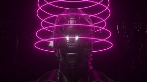 Portrait of a cyborg with neon rings on a technological background. 3d animation