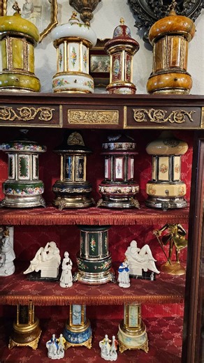 Schel on Instagram: "Cigarette/Lipstick Carousel Collection ✨️ Did you know? Many antique carousels were inspired by grand European fairgrounds but reimagined for the aristocracy. They were often given as wedding or anniversary gifts—symbolizing harmony, continuity, and the turning of time. A rare parade of vintage musical carousels—crafted between the late 1800s and early 1900s. Designed as functional art, they combined fine porcelain, ormolu bases, and mechanical music boxes. When wound, the e