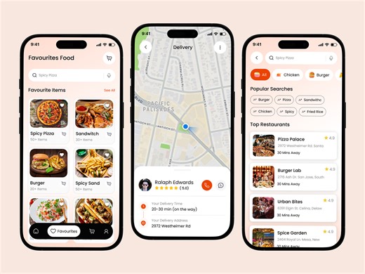 Food Delivery App UI – Favourite, Map & Search