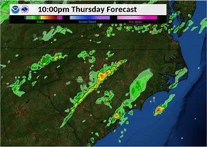 12 reactions | Here is the current radar forecast from 8:00 pm to 1:00 am this evening. A line of thunderstorms will likely form across central NC and move east towards the Coastal Plain. Isolated damaging wind gusts and an isolated tornado are possible over the next few hours. #NCwx | US National Weather Service Raleigh NC | Facebook