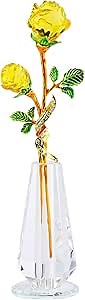 YWHL Handmade Yellow Rose Flower Crystal Figurine with Vase, Bouquet Glass Flowers Ornament Rose Gifts for Women Mom Wife, Crystal Flowers Home Decor for Anniversary Mother's Day Wedding