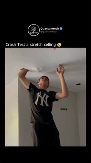 QuantumTech on Instagram: "Check out this “crash test” of a stretch ceiling! 😲💥 Engineers put it to the ultimate test to see how it handles impact, showing off durability and smart design. A fascinating glimpse into how even everyday materials undergo rigorous testing before use. love engineering & science? follow @quantumxtech 🌟 #crash #test #celling #stretch #explore #innovation #didyouknow #ceiling #cellingtest #crashtest #fyp #viral #science"