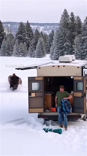 Yellowstone Winter Survival: Bison Matriarch Rams RV to Protect Calves Lamar Valley, Wyoming – January 15, 2026 A terrifying encounter at a snow-covered Yellowstone campsite was captured by a stationary trail camera, showing the raw power of a 2,000-pound American Bison. The footage begins with a camper loading gear into the rear of his RV, unaware that a mother bison and her two young calves were grazing just behind his vehicle. Sensing a threat to her offspring, the matriarch launched a full-s