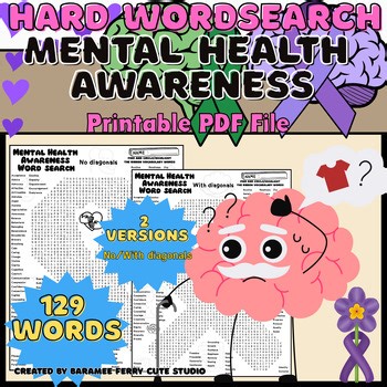 Hard Mental Health Awareness Month Word Search Puzzle | 129 Words | Grades 4-12