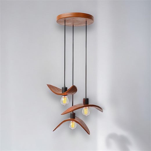 Wooden Chandelier, Brown Color Lamp, Wing Light Fixture, Scandinavian Light, Minimal Ceiling Lamp, Downrod Wooden Lamp, Boho Ceiling Decor - Etsy