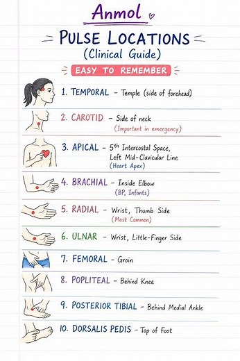 🔥 Pulse Locations Made Easy | Clinical Guide Notes 🩺📚 #NursingNotes #MedicalNotes #PulseLocations