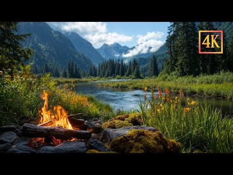 Mountain River Campfire 🔥 Soothing Nature Sounds & Crackling Fire🔥🐦