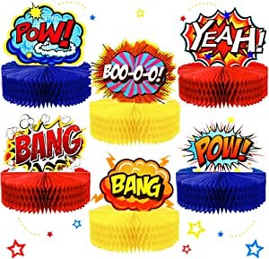 Skylety 6 Pcs Hero Party Decoration Hero Honeycomb Centerpieces 3D Table Topper Paper Large Word Action Sign Table Topper Decor 7.5 x 7.8 Inch for Happy Birthday Baby Shower Favor Party Supplies
