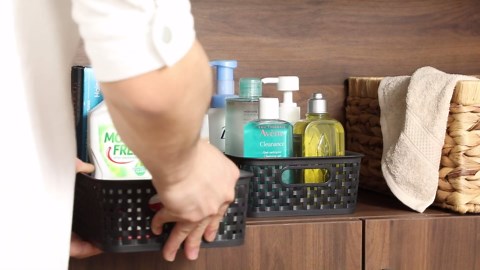 [ 8 Pack ] Plastic Storage Baskets, Small Pantry Organization and Storage Bins, Household Organizers for Laundry Room, Bathrooms, Kitchens, Cabinets, Countertops, Under Sink or Shelves, Black