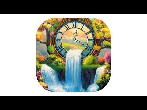 A large ornate clock face integrated into a vibrant fantastical landscape. #clock #water #nature