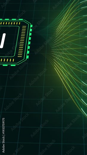 Digital interface featuring an AI processor core connected to flowing binary code streams and network data nodes.