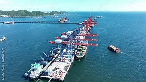 Cargo container Ship running on Bridge Cargo Shipyard. Container ship under the crane Sea Port service logistics and transportation. International Shipping Depot Customs Port for import export