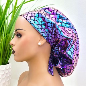 Satin Lined Scrub Hat: Bouffant Ponytail Option - Scale Print Protect Hair With Satin Lined Scrub Cap - Etsy