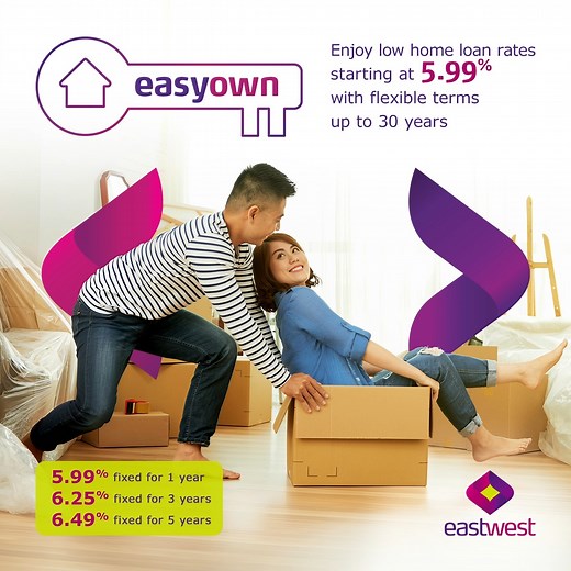 Ready to own your dream home? EastWest EasyOwn makes it happen. With EastWest EasyOwn, enjoy low home loan rates starting at 5.99% and flexible terms up to 30 years. Promo Fixed Rates: 👉5.99% 1 year 👉6.25% 3 years 👉6.49% 5 years Ready when you are: https://comms.eastwest.ph/ReadyEasyOwn 📌Terms and conditions apply. ​ ⏰Promo runs until Jan. 31, 2026 DTI Fair Trade Permit No. FTEB-240426 Series of 2025. For inquiries and feedback, you may call the EastWest 24-Hour Customer Service Hotline at 6
