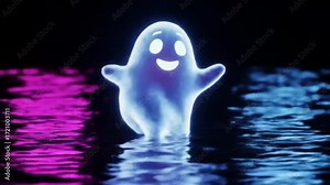 Animated Cute Ghost Floating on Water with Neon Pink and Blue Reflections