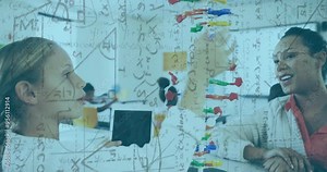 DNA model and scientific equations animation over students studying in classroom