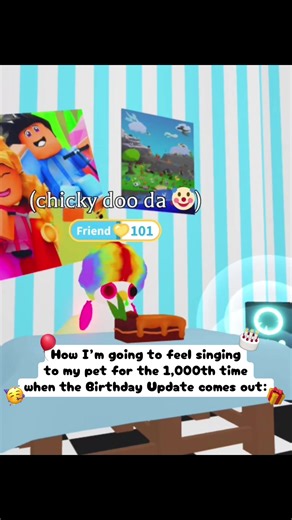 The Adopt Me! Birthday Update is coming this Friday! All jokes aside, I am so excited for it, I just thought this was kinda funny… By the way, I’m assuming the “Birthday” feature is just going to replace the “Friend Level Up” feature, no? I guess we will find out Wednesday! If you’re reading this, lemme know what your highest friend level is in the game! Mine is seen in the video, 101 on my king Chicky Dih Da… Lol sorry. GAGQUEEN / TAGS 🏷️: #roblox #adoptme #sing #meme #viral / KEYWORDS 🔑: Rob