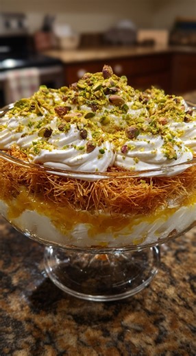 Pistachio Ekmek Kataifi Trifle This dessert is the grand, celebratory fusion of two iconic Greek sweets: the crisp, syrup-soaked kataifi pastry (a close relative of baklava) and the luscious, creamy custard layer of Ekmek Kataifi. Reimagined as a stunning trifle, it layers buttery, shredded phyllo, a rich semolina-rose custard, a vibrant pistachio cream, and billows of light whipped cream, all crowned with a shower of toasted nuts. It is a masterpiece of contrasting textures and harmonious flavo